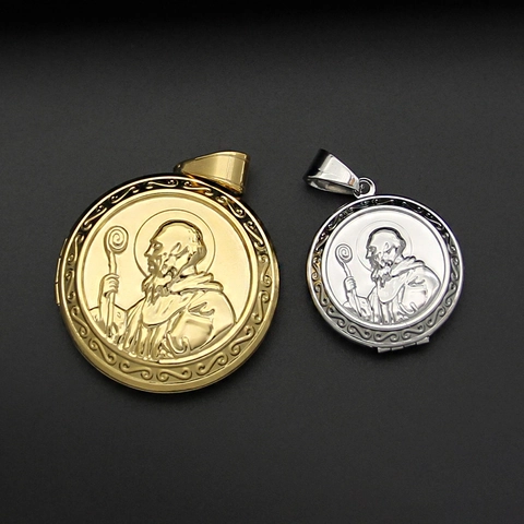 Colgante de Relicario Medalla de San Benito Vintage para Exorcismo Religioso Católico de Acero Inoxidable Redondo Abrir Marco de Fotos Collar Joyería