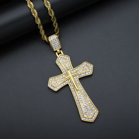 Pendaglio Doppia Croce Iced Out in Acciaio Inossidabile 316 Placcato Oro Zirconia Collana Religiosa Uomo Donna Gioielli