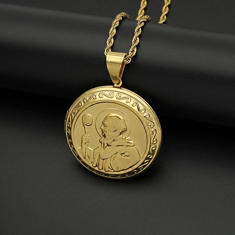 Colgante de Relicario Medalla de San Benito Vintage para Exorcismo Religioso Católico de Acero Inoxidable Redondo Abrir Marco de Fotos Collar Joyería