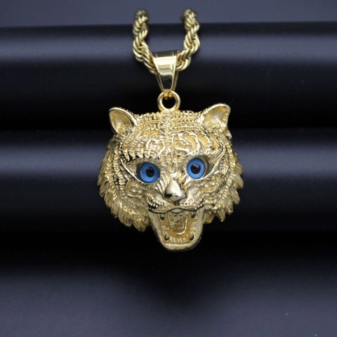 Tiger Head Pendant Necklace 316 Stainless Steel Gold Plated With Blue Zirconia Eyes Hip Hop Punk Animal Jewelry For Men