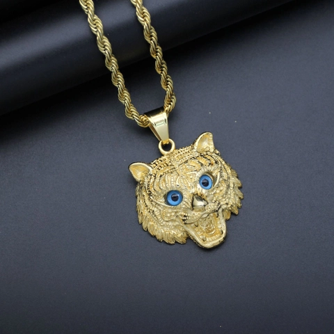 Tiger Head Pendant Necklace 316 Stainless Steel Gold Plated With Blue Zirconia Eyes Hip Hop Punk Animal Jewelry For Men