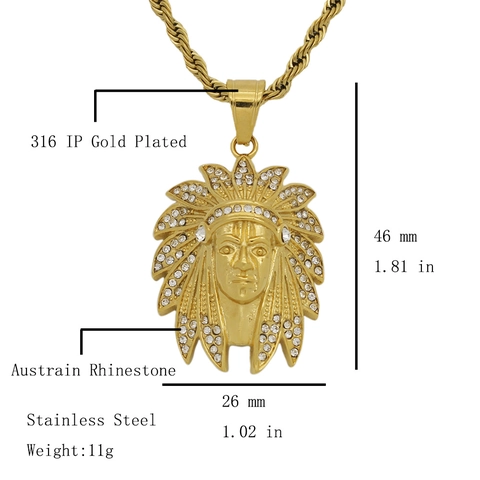316 Stainless Steel Gold Plated Indian Chief Head Pendant Necklace With Rhinestones Hip Hop Ethnic Style Jewelry For Men