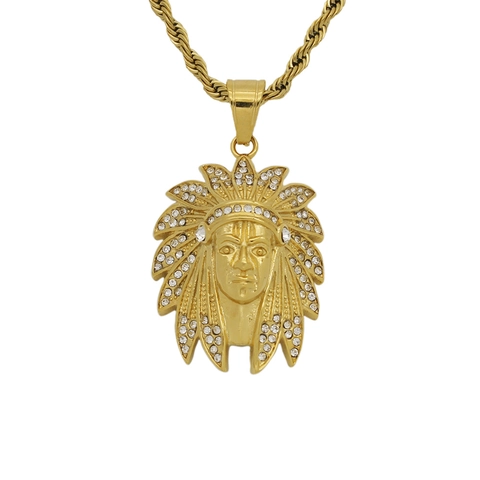 316 Stainless Steel Gold Plated Indian Chief Head Pendant Necklace With Rhinestones Hip Hop Ethnic Style Jewelry For Men