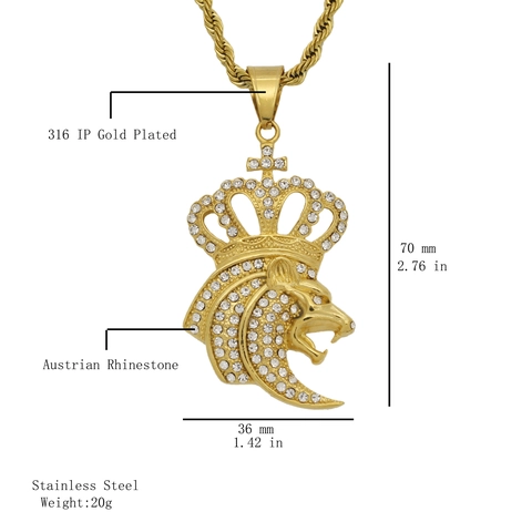 Pendentif Tête de Lion Couronne Hip Hop pour Hommes Femmes en Acier Inoxydable Avec Strass Bijoux Accessoires Cadeau