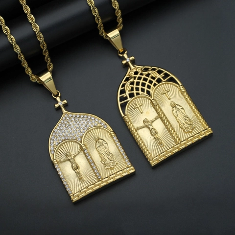 Collar de Pendiente de Arco Religioso Jesús María Hip Hop en Acero Inoxidable Oro Diamantes Gotas Joyería para Hombre Mujer