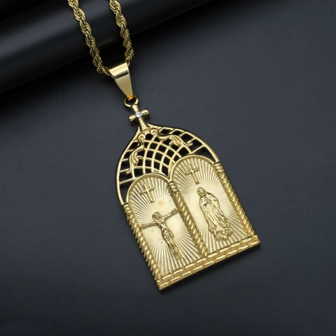 Collar de Pendiente de Arco Religioso Jesús María Hip Hop en Acero Inoxidable Oro Diamantes Gotas Joyería para Hombre Mujer