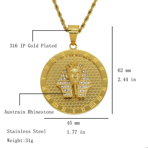 Hip Hop Stainless Steel Gold Plated Egyptian Pharaoh Tutankhamun Pendant Necklace With Rhinestone Roman Numeral Round Medallion Rope Chain Jewelry