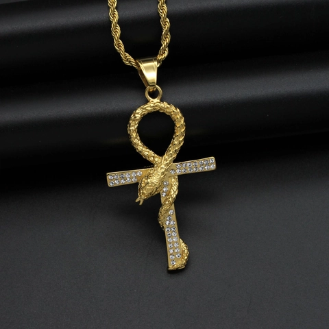 316 Roestvrij Staal Oud Egyptisch Ankh Kruis Slang Hanger Ketting Hip Hop Strass Ingelegd Goud Zilver Sieraden Zonder Ketting