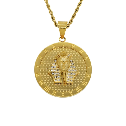Hip Hop Stainless Steel Gold Plated Egyptian Pharaoh Tutankhamun Pendant Necklace With Rhinestone Roman Numeral Round Medallion Rope Chain Jewelry