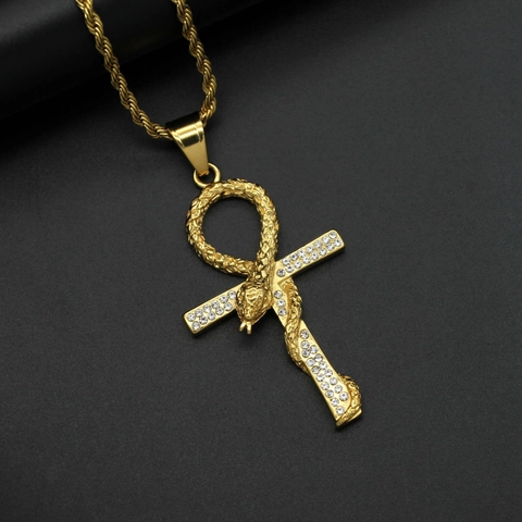 316 Roestvrij Staal Oud Egyptisch Ankh Kruis Slang Hanger Ketting Hip Hop Strass Ingelegd Goud Zilver Sieraden Zonder Ketting
