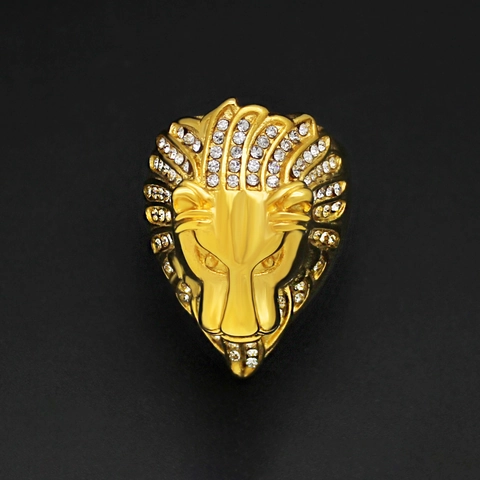 Anillo de Cabeza de León Hip Hop para Hombre Acero Inoxidable 316 Chapado en Oro al Vacío Diamante de Imitación Joyería