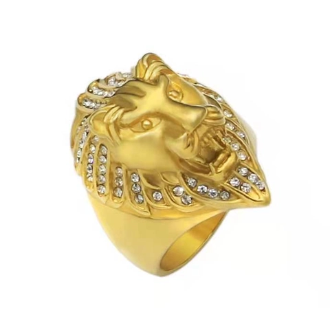 Anillo de Cabeza de León Hip Hop para Hombre Acero Inoxidable 316 Chapado en Oro al Vacío Diamante de Imitación Joyería