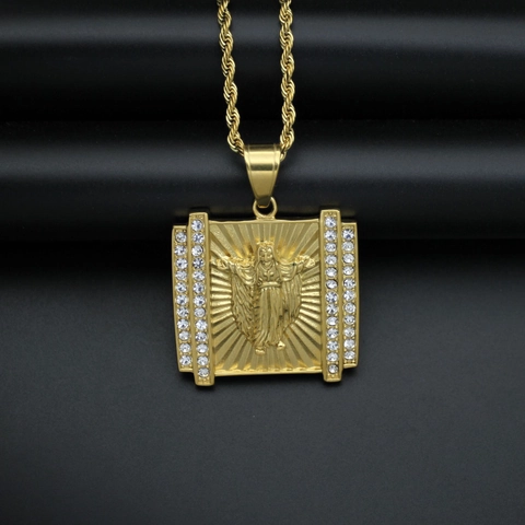 Hip Hop Jesus Cross Pendant Stainless Steel Gold Plated Rhinestone Square Relief Medallion Religious Jewelry For Men Women