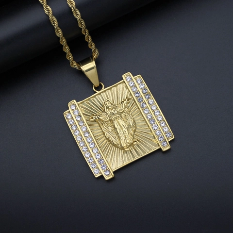 Hip Hop Jesus Cross Pendant Stainless Steel Gold Plated Rhinestone Square Relief Medallion Religious Jewelry For Men Women