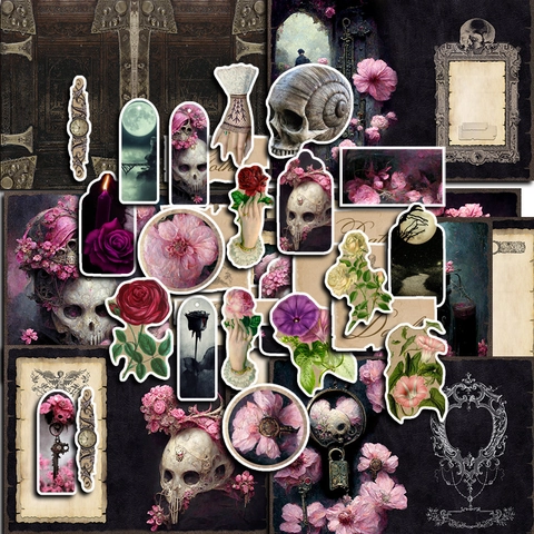 Gothic Romantik Scrapbook Aufkleber Material Papier Kollektion Totenkopf Rose Vintage DIY Journaling Ästhetisches Dekor Papier