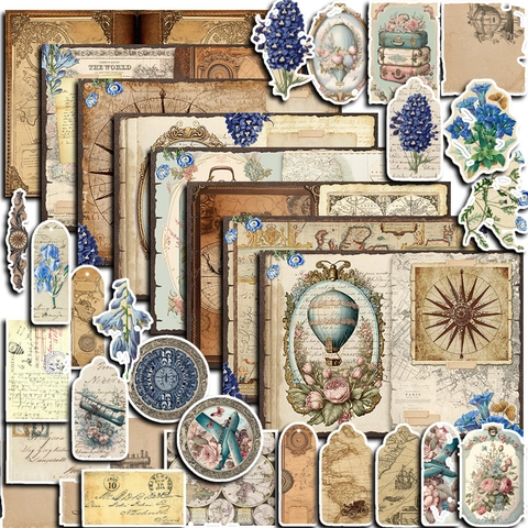 Vintage Travel Theme Scrapbooking Material Paper And Sticker Set Antique Map Plane Hot Air Balloon DIY Junk Journal Decor