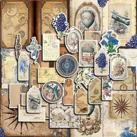 Vintage Travel Theme Scrapbooking Material Paper And Sticker Set Antique Map Plane Hot Air Balloon DIY Junk Journal Decor