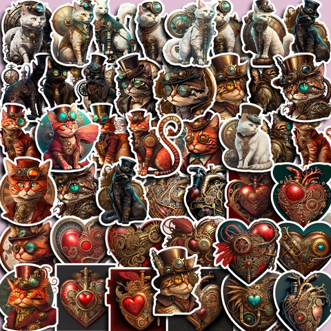 Retro Steampunk Katze Wasserdichte Aufkleber Viktorianischen Industriestil Mechanische Getriebe Herz Decals Für Handy Laptop Journal