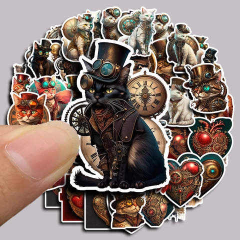 Retro Steampunk Katze Wasserdichte Aufkleber Viktorianischen Industriestil Mechanische Getriebe Herz Decals Für Handy Laptop Journal