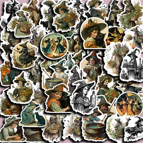 Adesivi Vintage Strega Disegnati a Mano Impermeabili PVC Decalcomanie Per Valigia Laptop Custodia Telefono Journaling Etichette DIY