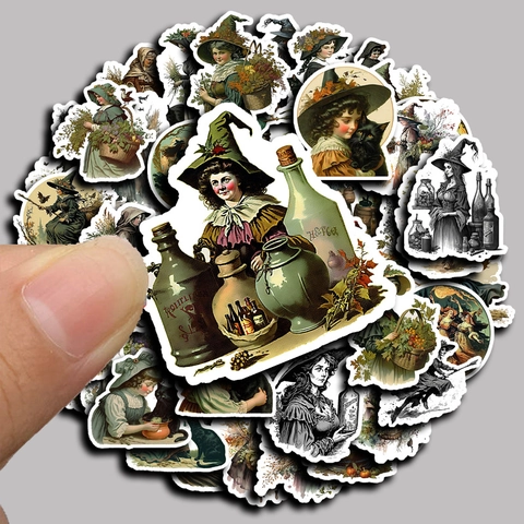 Adesivi Vintage Strega Disegnati a Mano Impermeabili PVC Decalcomanie Per Valigia Laptop Custodia Telefono Journaling Etichette DIY