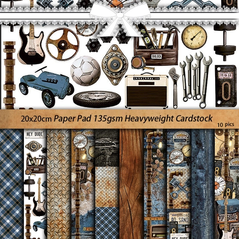 Carta per Sfondo Scrapbook Industriale Vintage con Ingranaggi e Attrezzi per Collage Junk Journal Fai da Te Decorazione