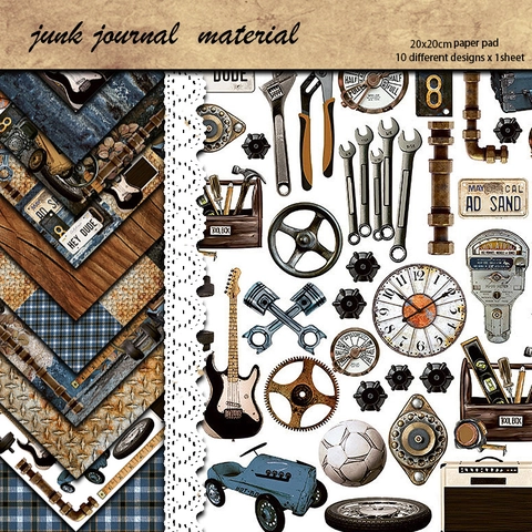 Carta per Sfondo Scrapbook Industriale Vintage con Ingranaggi e Attrezzi per Collage Junk Journal Fai da Te Decorazione