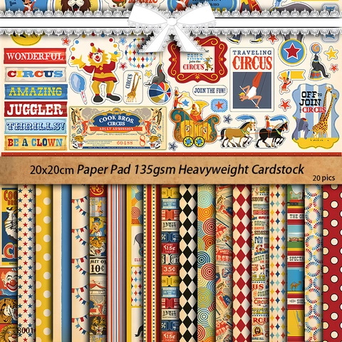 20 Fogli Blocco Di Carta Per Scrapbooking Circo Vintage 20x20cm 135gsm Carta Creativa Decorativa Clown Animale Per DIY