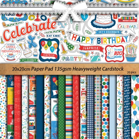 20 Sheets Birthday Party Scrapbook Paper Pad 20x20cm 135gsm Vintage Plaid Polka Dot Decorative Cardstock For DIY Journal Craft