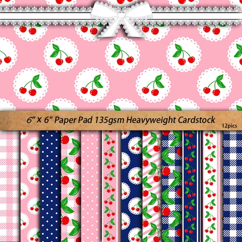 Vintage Kirsche Scrapbook Papierblock Dekoratives Bastelhintergrundpapier Mit Gingham Punktmuster Für DIY Journaling Album Kartenherstellung Material