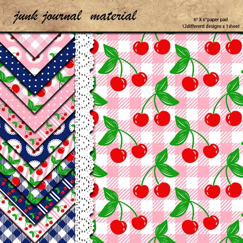 Vintage Kirsche Scrapbook Papierblock Dekoratives Bastelhintergrundpapier Mit Gingham Punktmuster Für DIY Journaling Album Kartenherstellung Material