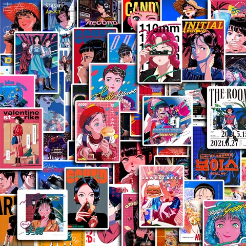 Sortierte Japanische Retro Anime Mädchen Aufkleber City Pop Stil Laminierte Karton Wasserdichte Aufkleber Für Journal Dekoration Schreibwaren