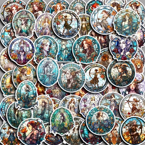Autocollants en PVC Rétro Verre Coloré Douze Signes du Zodiaque Déesse pour Scrapbooking DIY Imperméable Art Illustration
