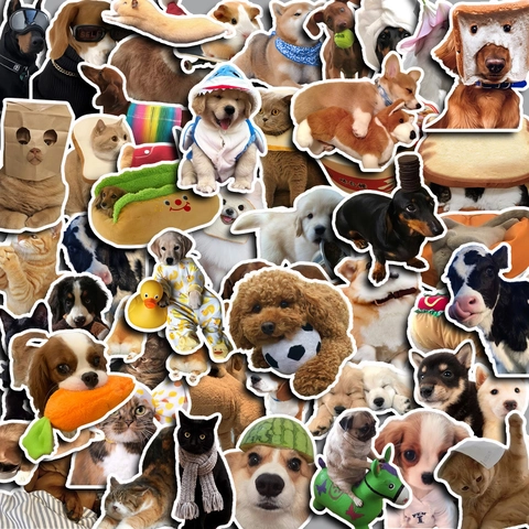 Waterproof PVC Funny Pet Stickers Cartoon Cat Dog Decals For Laptop Scrapbook Journal Decoration Cute Animal Variety Set