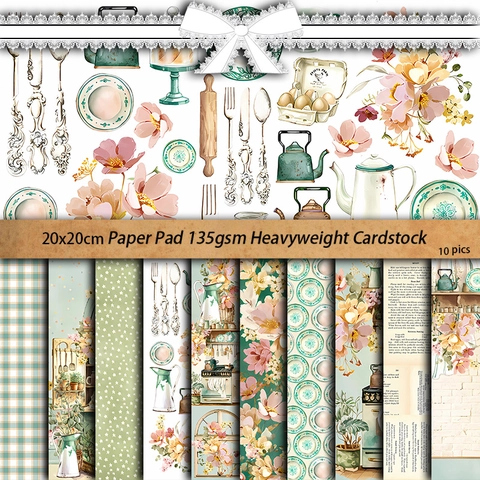 Vintage Küchen Junk Journal Hintergrundpapier Set Retro Floral Kariert Scrapbooking Papier Block DIY Bastelmaterial