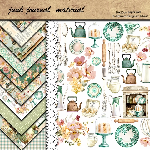 Vintage Küchen Junk Journal Hintergrundpapier Set Retro Floral Kariert Scrapbooking Papier Block DIY Bastelmaterial