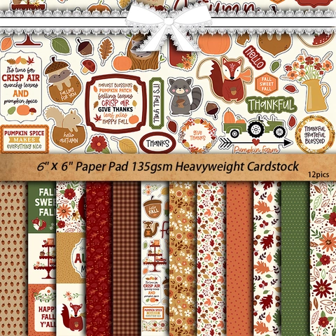 Vintage Autumn Theme Scrapbook Paper Pad Printed Cardstock With Pumpkin Squirrel Fallen Leaves Pattern For DIY Journaling Crafting Decor