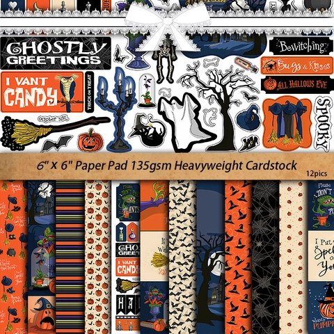 12 Sheets Halloween Vintage Scrapbook Paper Cardstock For DIY Handcraft Journaling Pumpkin Ghost Pattern Decorative Material Paper