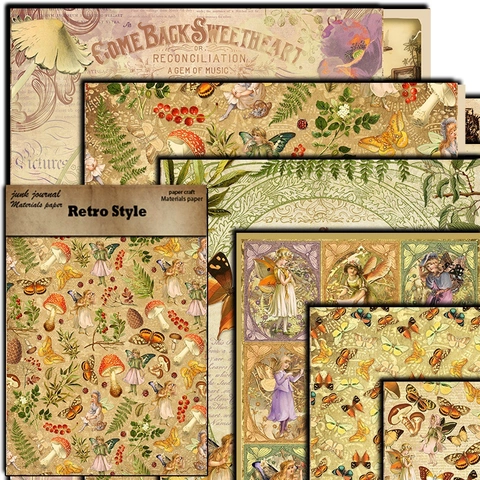 Vintage Waldelf Pilz Schmetterling Scrapbook Papier Retro Junk Journal Hintergrund Material Dekoratives Bastelpapier