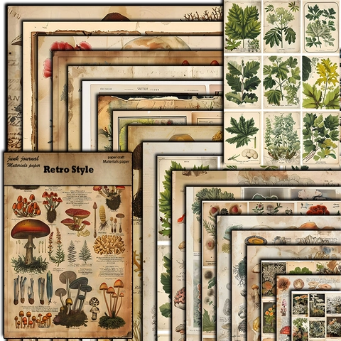 20 Hojas Papel Material Diario Vintage Botánico Seta Ilustración Plantas Naturaleza Retro Scrapbooking Papel DIY