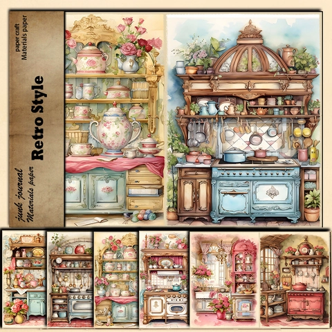 Papel de Material de Scrapbooking de Cocina Vintage Cartulina Pesada para Junk Journal DIY Manualidades Acuarela Floral Papel A5