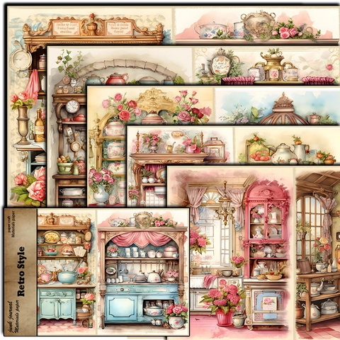 Papel de Material de Scrapbooking de Cocina Vintage Cartulina Pesada para Junk Journal DIY Manualidades Acuarela Floral Papel A5