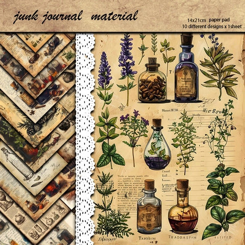 Paquete de Papel de Material Botánico Vintage Para Junk Journal Estética Retro Patrón Hierbas Y Frascos Papel de Fondo Decorativo