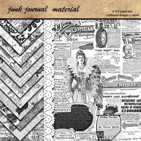 Papel de Material Estampado Vintage en Blanco Y Negro Para Scrapbooking Junk Journal Periódico Decorativo Patrón Botánico DIY
