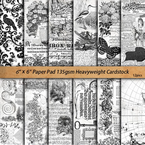 Papel de Material Estampado Vintage en Blanco Y Negro Para Scrapbooking Junk Journal Periódico Decorativo Patrón Botánico DIY