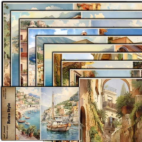 Vintage Europäische Landschaft Scrapbook Material Papier Aquarell Küstenstadt Schwerer Cardstock DIY Junk Journal Hintergrundpapier
