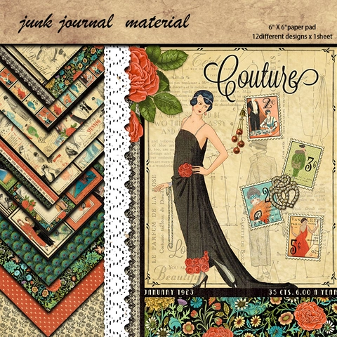 12 Sheets Vintage Fashion Design Scrapbook Paper Pad 6x6 Inch 135gsm Double Adhesive Paper For DIY Junk Journal Art Crafts