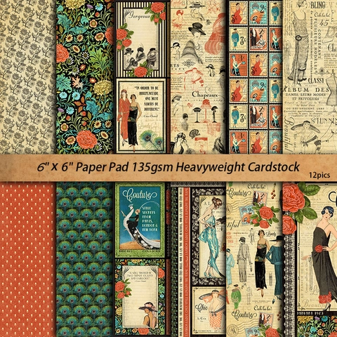 12 Sheets Vintage Fashion Design Scrapbook Paper Pad 6x6 Inch 135gsm Double Adhesive Paper For DIY Junk Journal Art Crafts