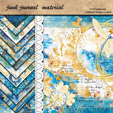 12 Sheets Vintage Indigo Scrapbook Paper Decorative Dreamy Patterns Woodfree Paper For DIY Junk Journaling Card Making Art Craft