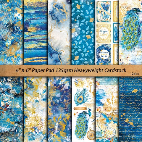 12 Sheets Vintage Indigo Scrapbook Paper Decorative Dreamy Patterns Woodfree Paper For DIY Junk Journaling Card Making Art Craft